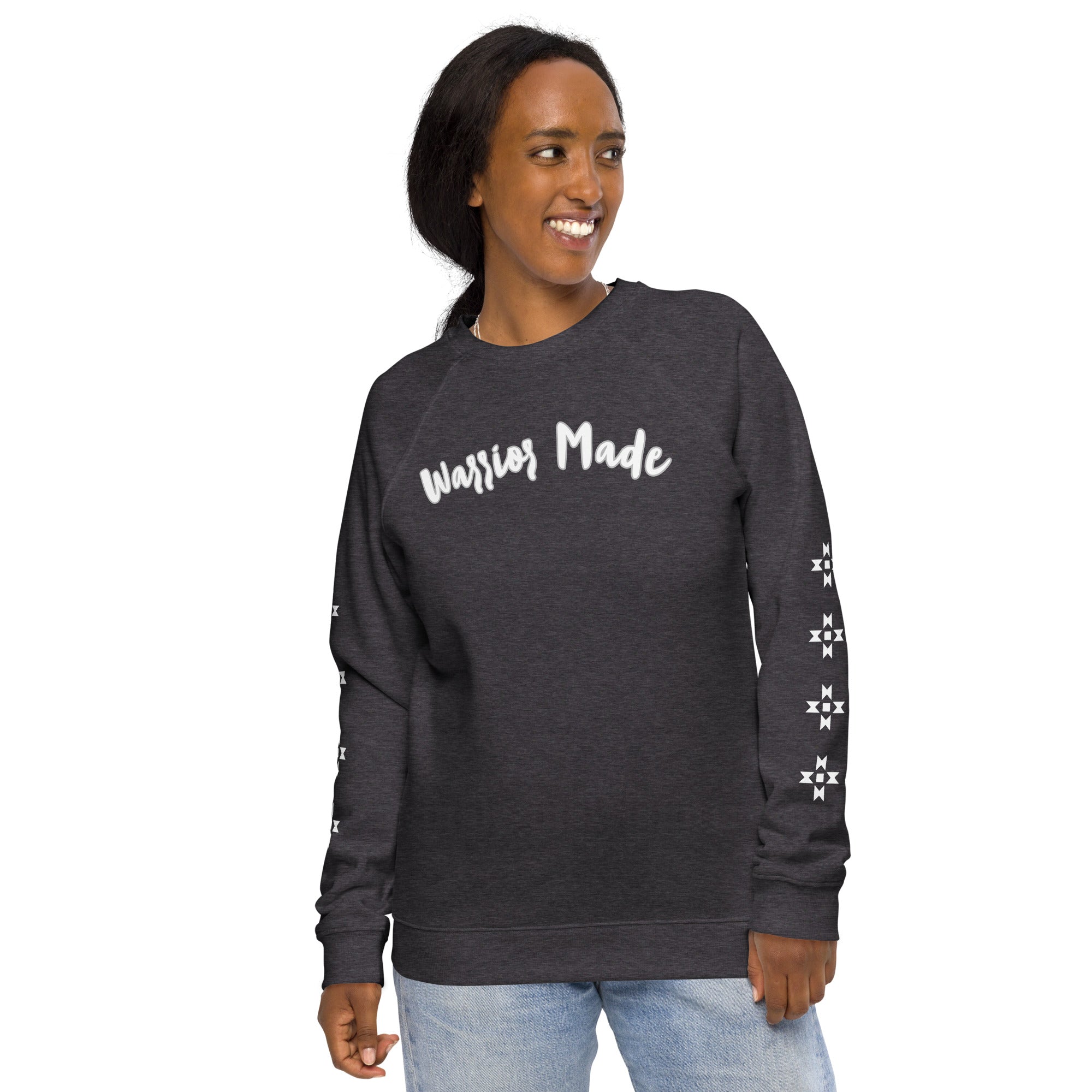 Charcoal and White Warrior Made Sweater, Unisex organic raglan sweatshirt