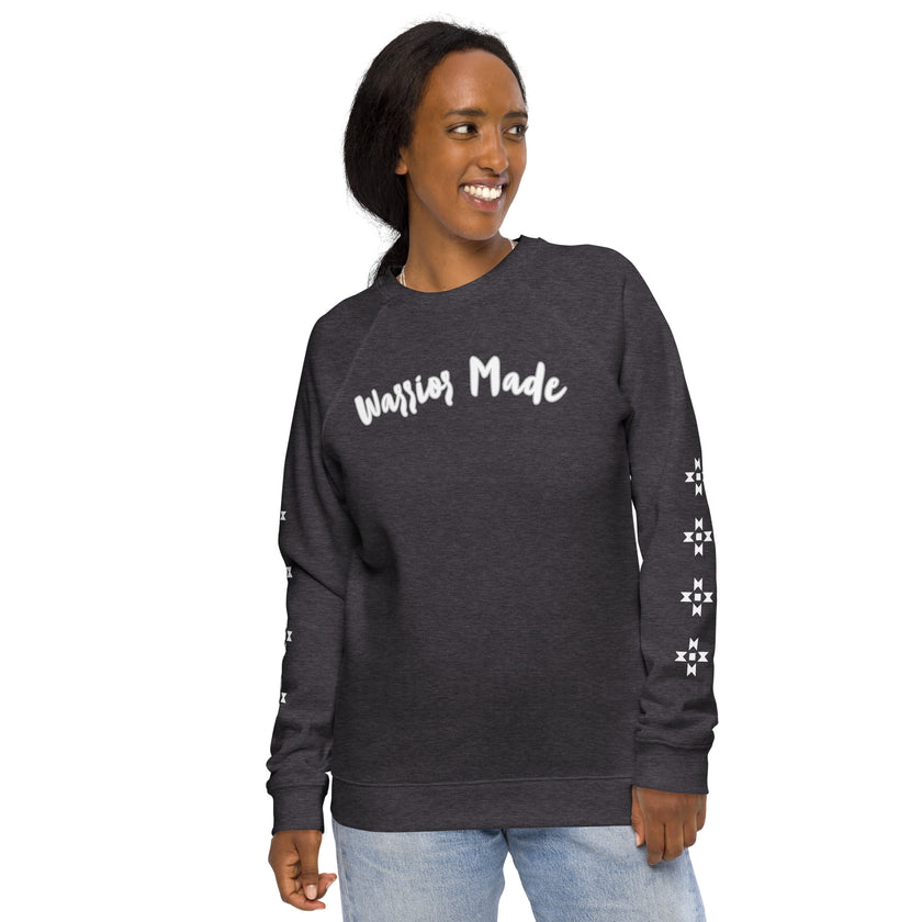 Charcoal and White Warrior Made Sweater, Unisex organic raglan sweatshirt