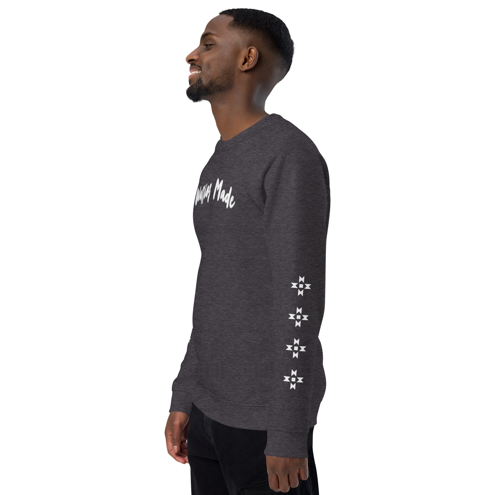 Charcoal and White Warrior Made Sweater, Unisex organic raglan sweatshirt