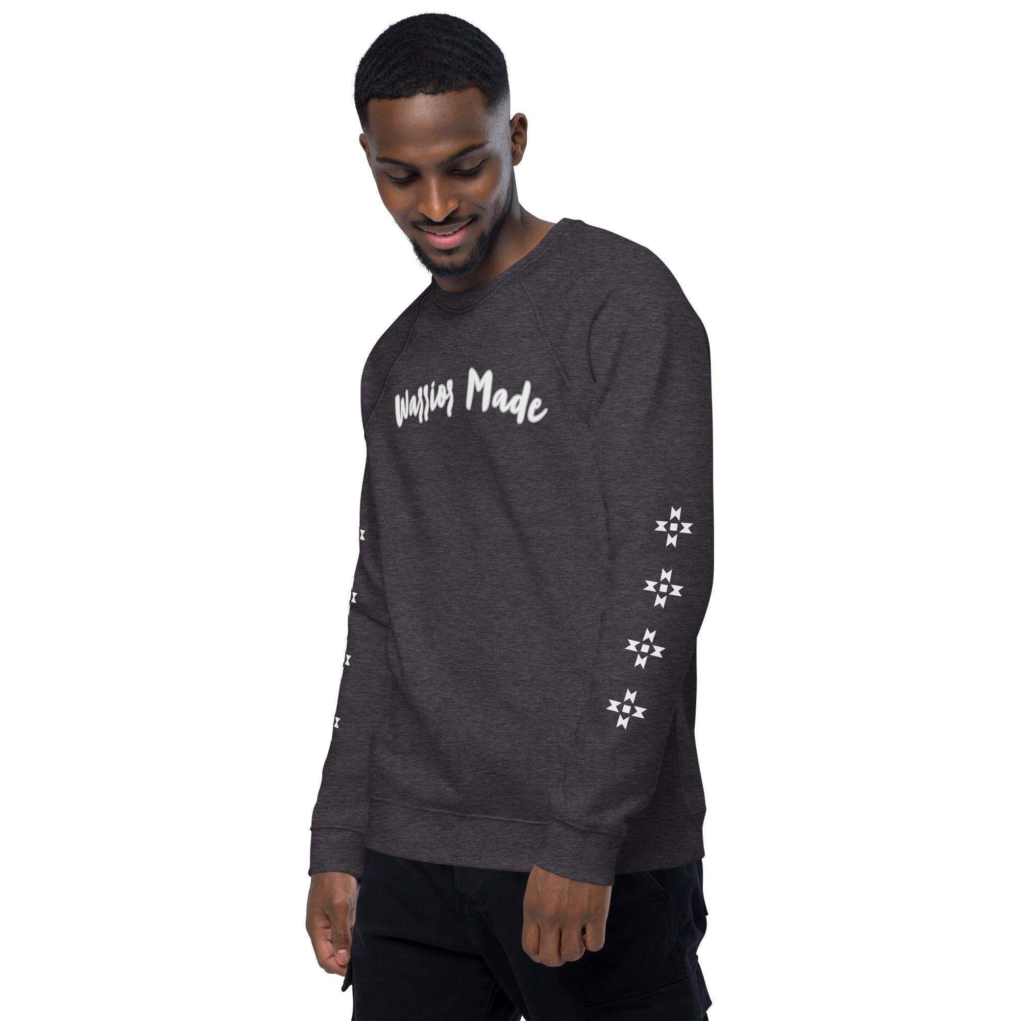 Charcoal and White Warrior Made Sweater, Unisex organic raglan sweatshirt