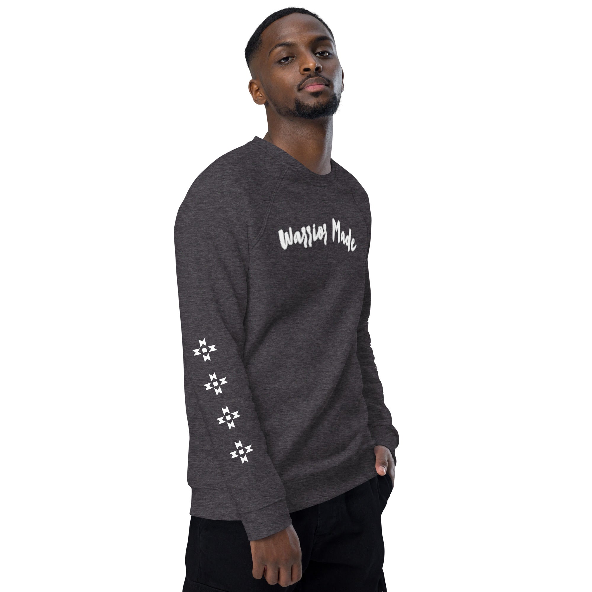 Charcoal and White Warrior Made Sweater, Unisex organic raglan sweatshirt