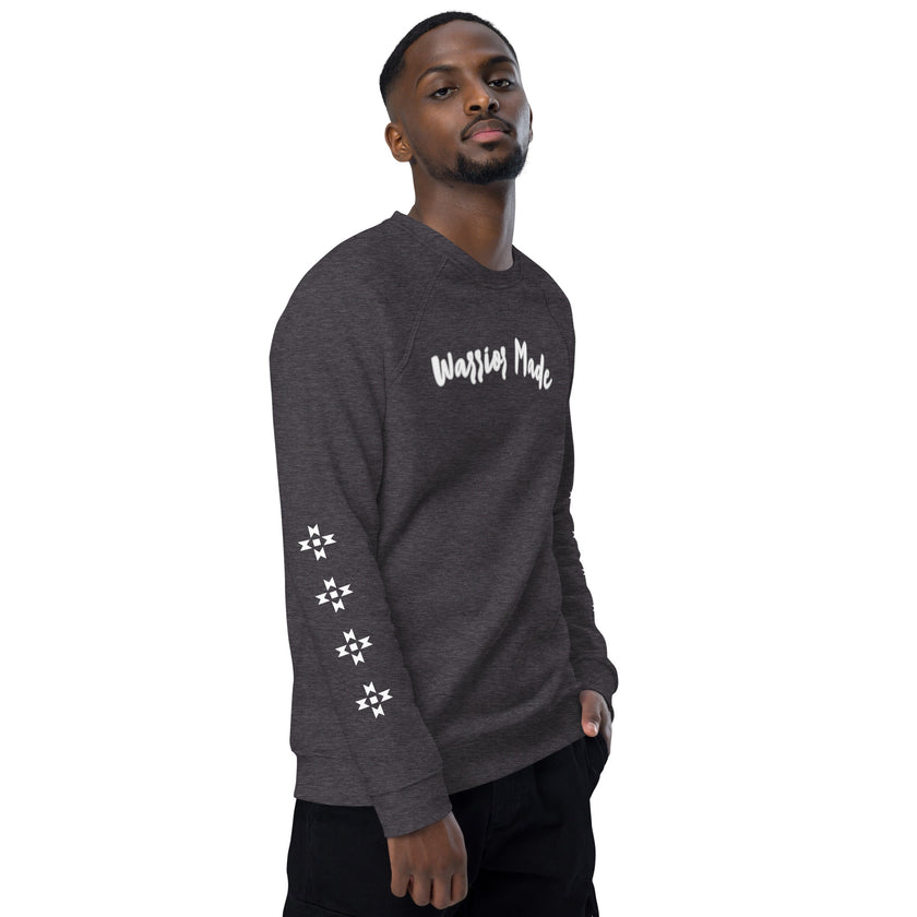 Charcoal and White Warrior Made Sweater, Unisex organic raglan sweatshirt