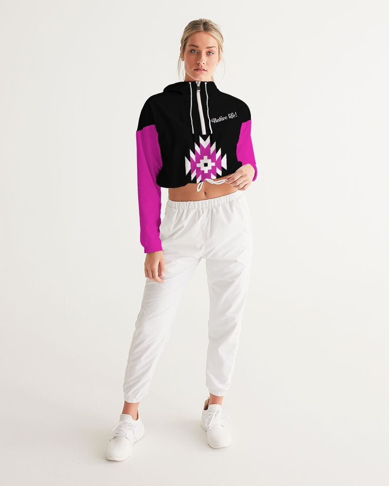Magenta and Black Geometric Native Pattern Women's Cropped Windbreaker