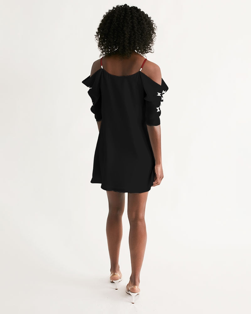 Native Print White on Red and Black Women's Open Shoulder A-Line Dress
