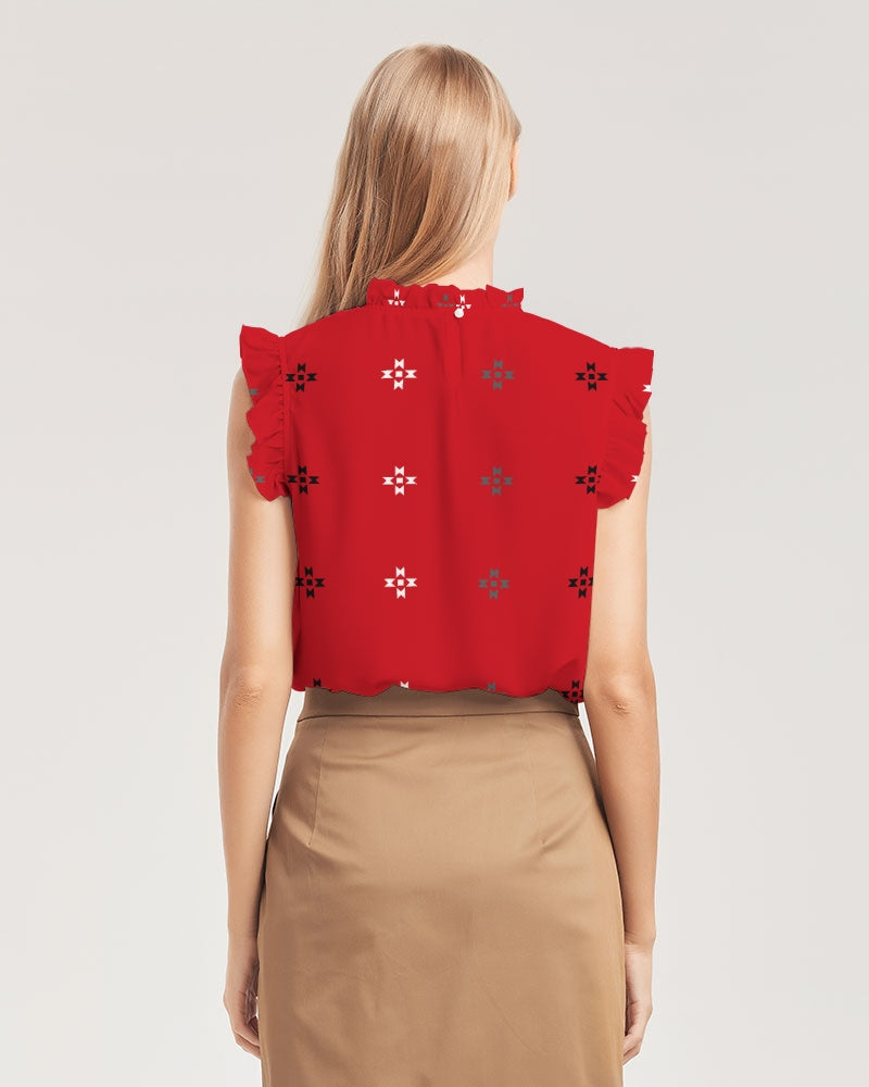 Native Stars Grayscale on Red Women's Ruffle Sleeve Top