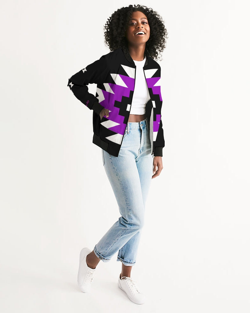 Black, Purple and White  Geometric Native Pattern Women's Bomber Jacket