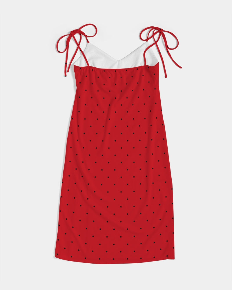 Black Polka dots on Red Women's Tie Strap Split Dress