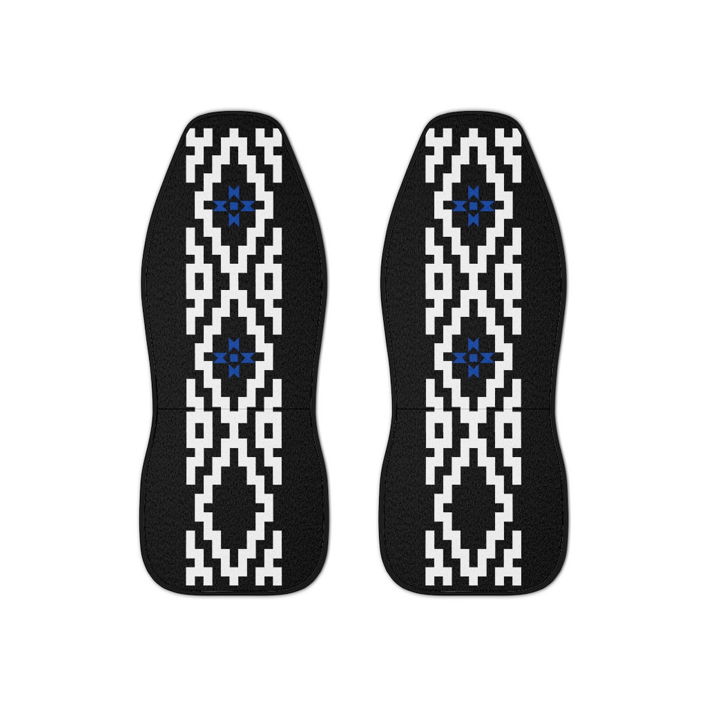 White Geometric and Blue Stars on Black Car Seat Covers