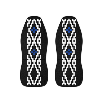 White Geometric and Blue Stars on Black Car Seat Covers