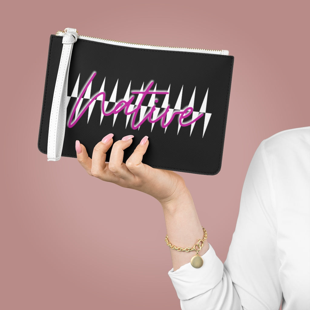 Pink Native with Pattern on Black Clutch Bag
