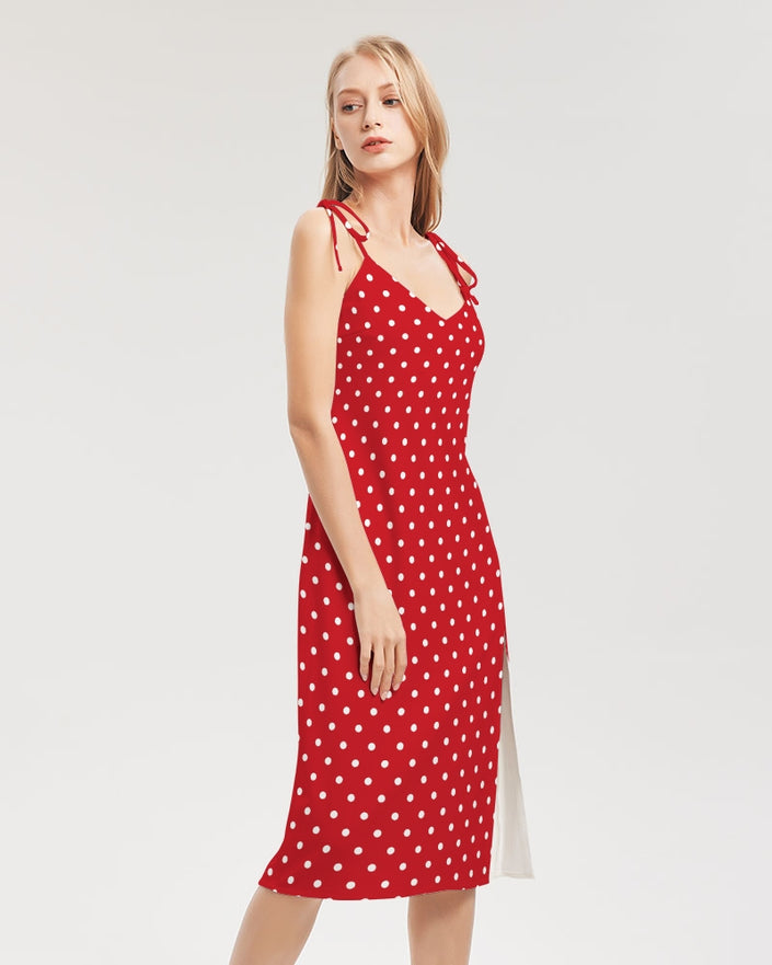 White Polka Dots on Red Women's Tie Strap Split Dress