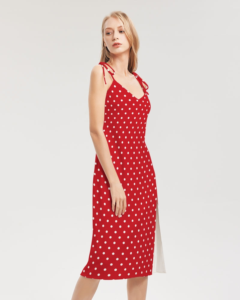 White Polka Dots on Red Women's Tie Strap Split Dress