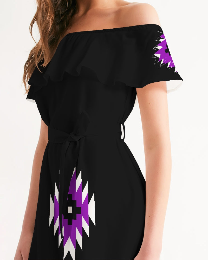 Green and Gray Geometric Native Pattern Women's Off-Shoulder Dress