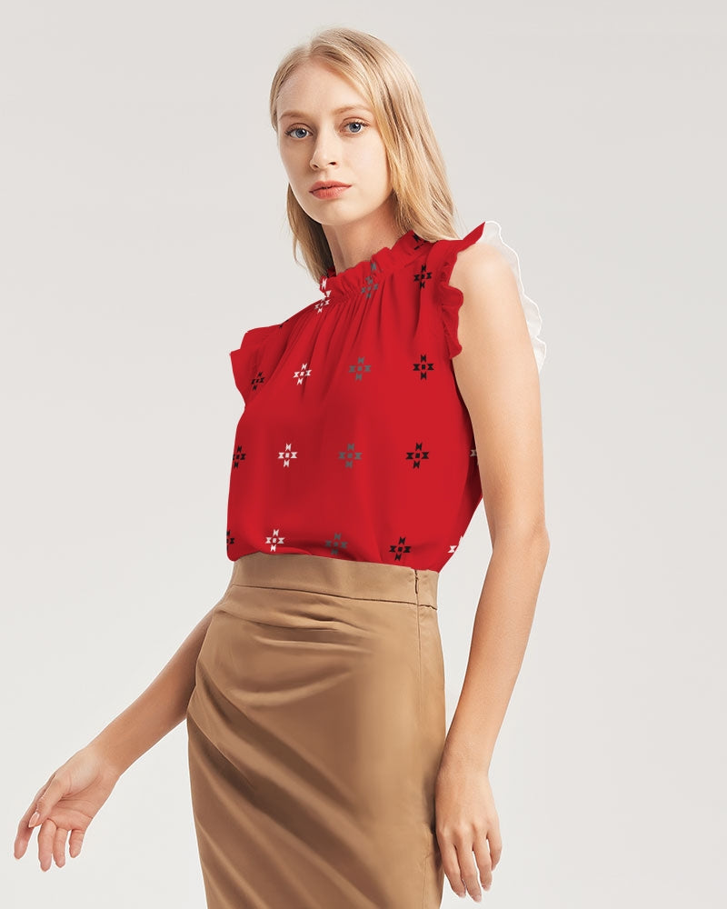 Native Stars Grayscale on Red Women's Ruffle Sleeve Top