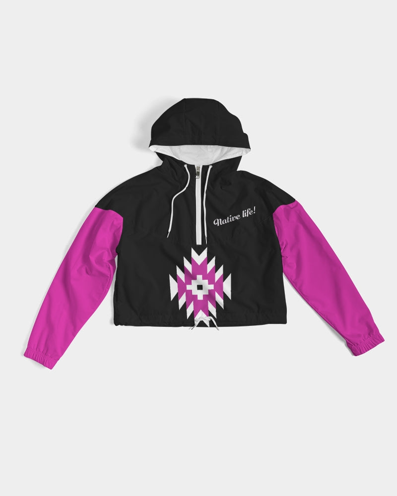 Magenta and Black Geometric Native Pattern Women's Cropped Windbreaker