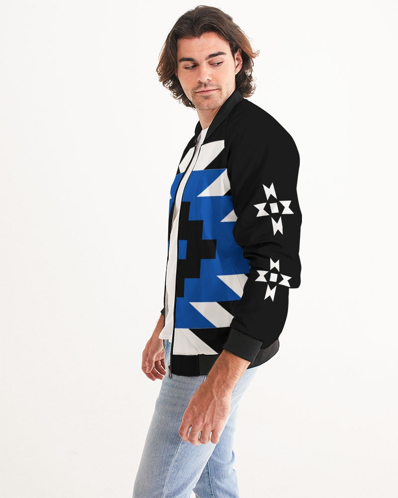 Black, Blue and White Geometric Native Pattern Men's Bomber Jacket