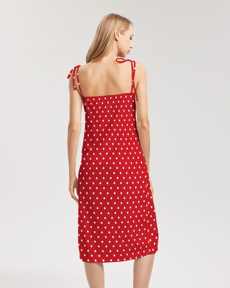 White Polka Dots on Red Women's Tie Strap Split Dress