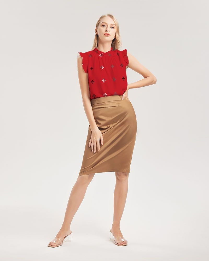 Native Stars Grayscale on Red Women's Ruffle Sleeve Top
