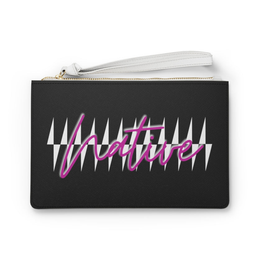 Pink Native with Pattern on Black Clutch Bag