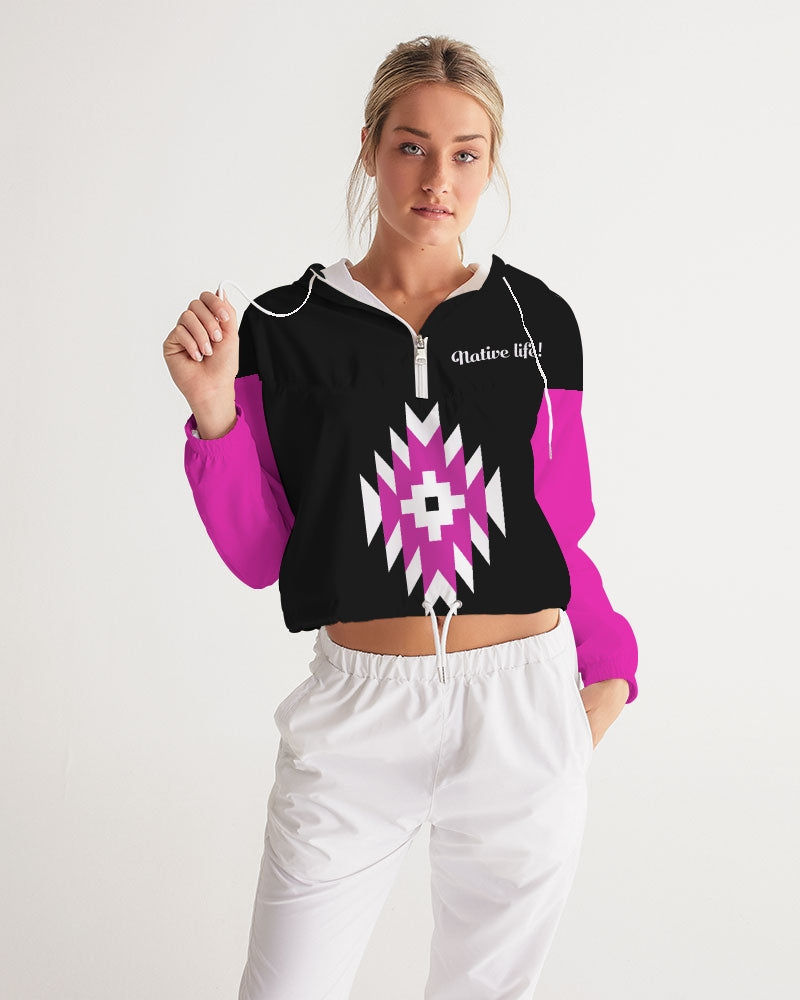Magenta and Black Geometric Native Pattern Women's Cropped Windbreaker