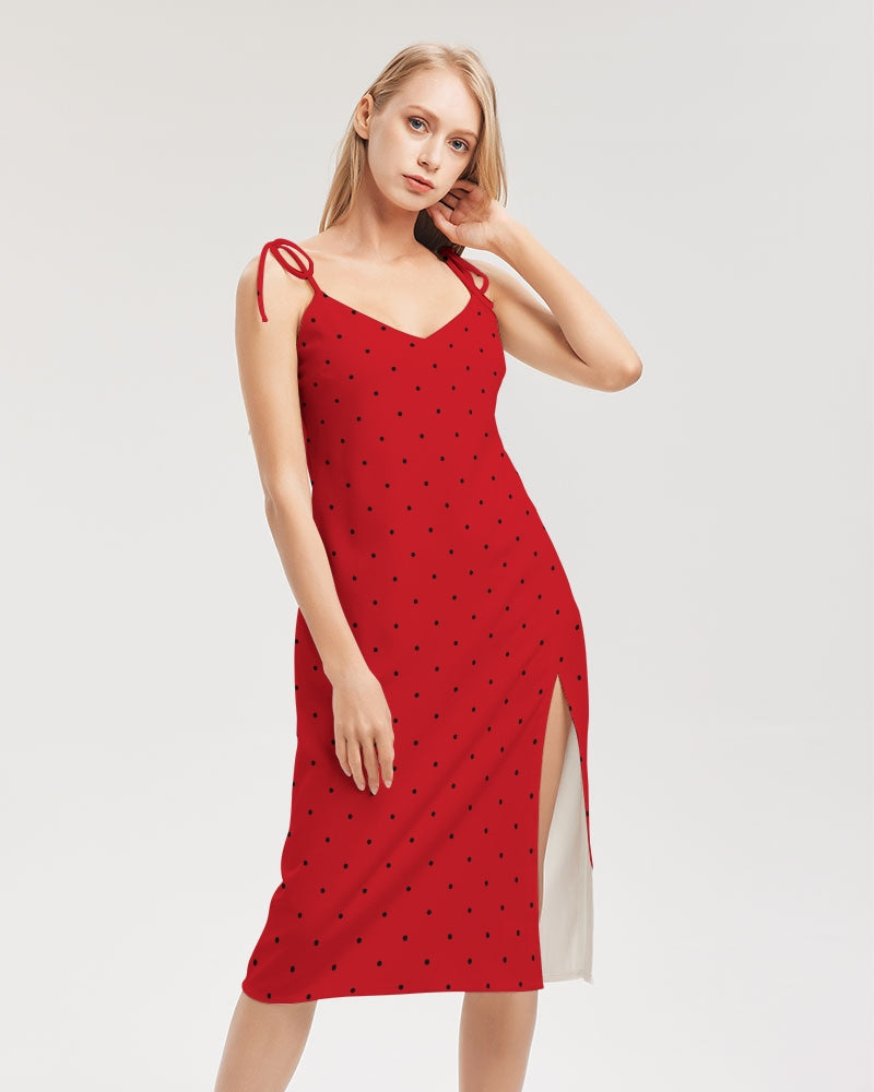 Black Polka dots on Red Women's Tie Strap Split Dress
