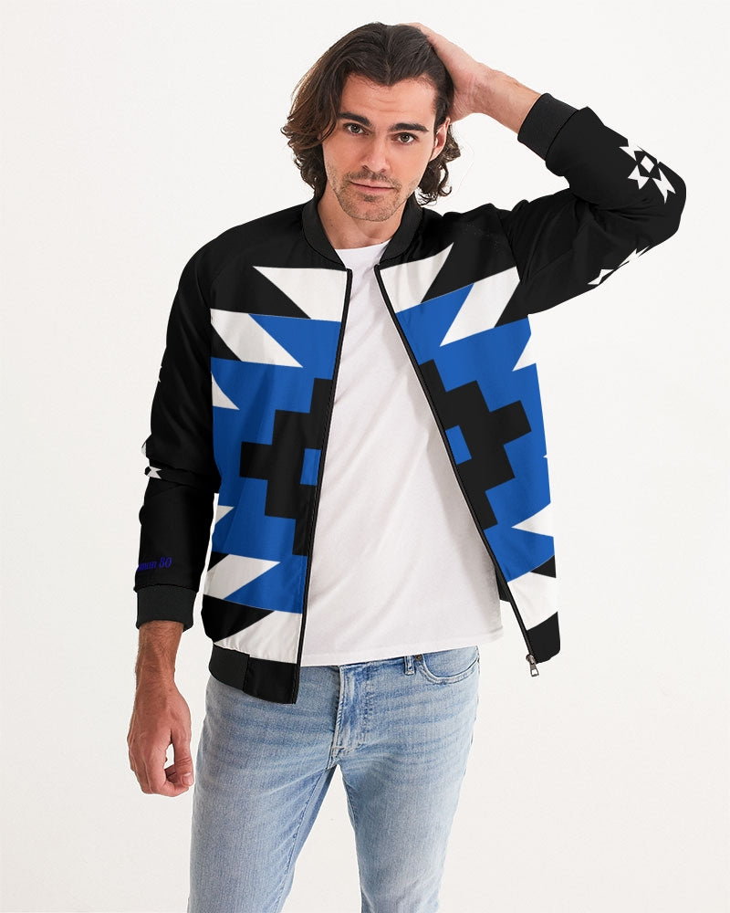 Black, Blue and White Geometric Native Pattern Men's Bomber Jacket