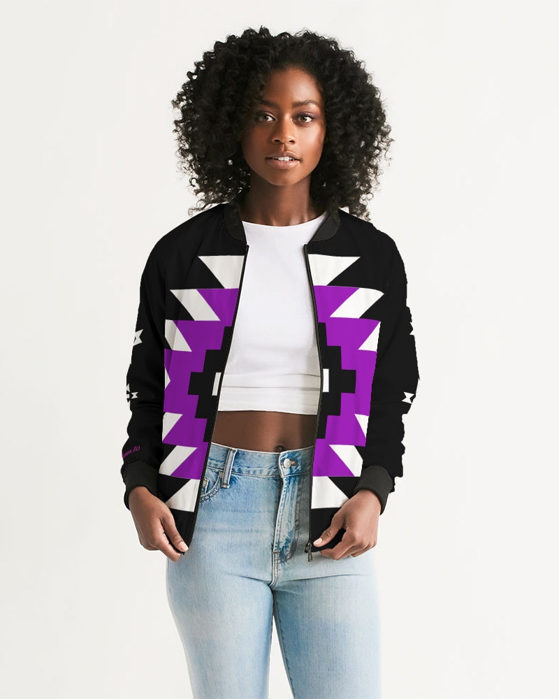 Black, Purple and White  Geometric Native Pattern Women's Bomber Jacket