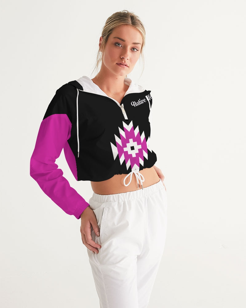 Magenta and Black Geometric Native Pattern Women's Cropped Windbreaker