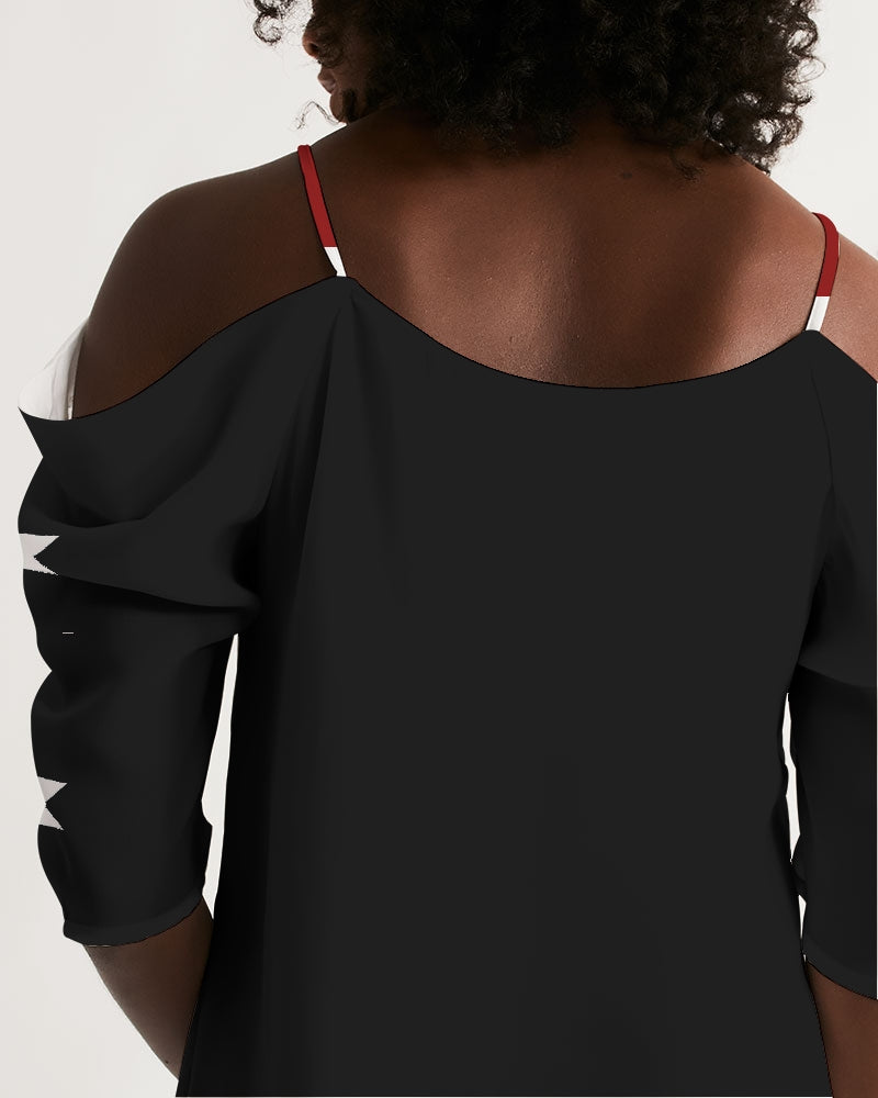 Native Print White on Red and Black Women's Open Shoulder A-Line Dress