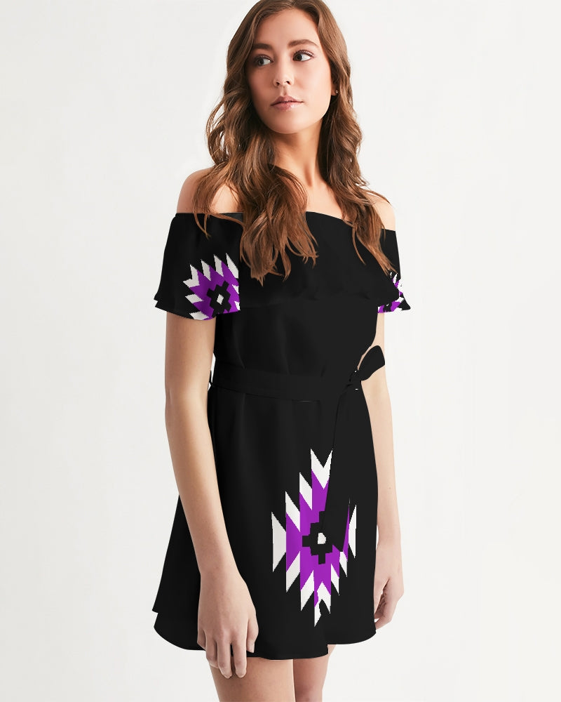 Green and Gray Geometric Native Pattern Women's Off-Shoulder Dress