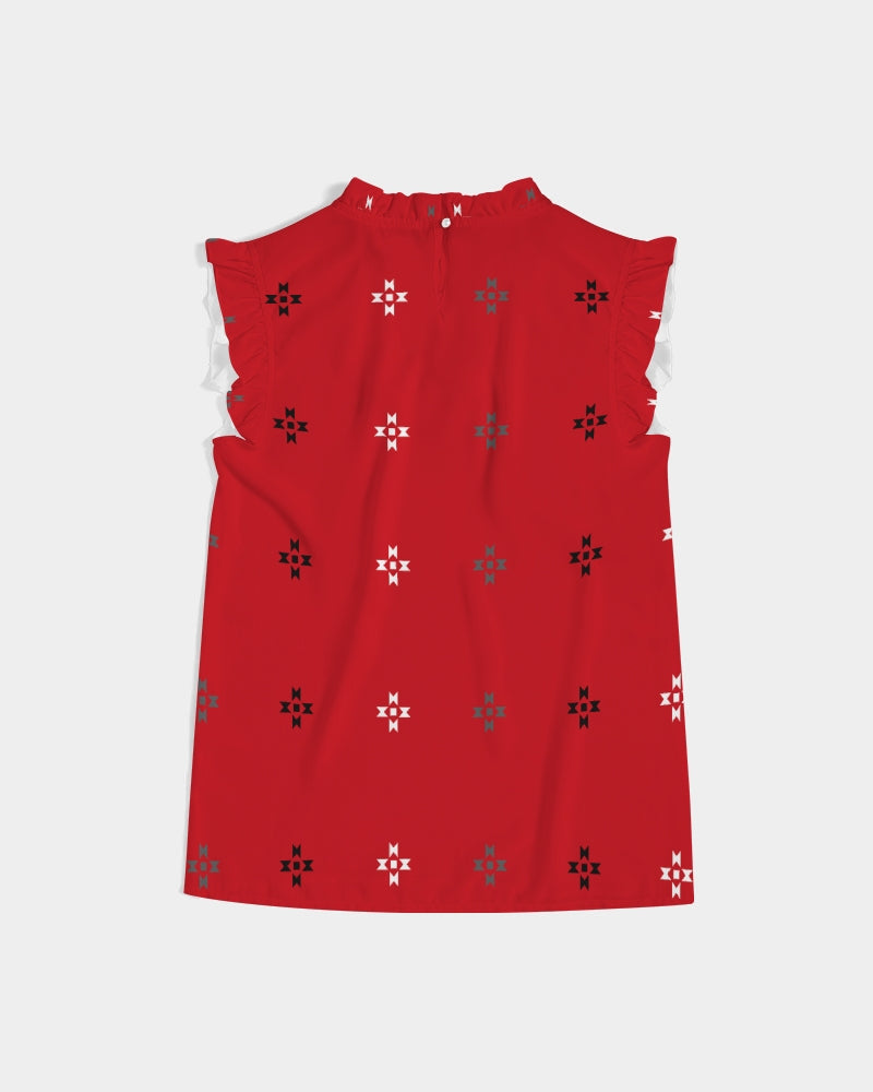 Native Stars Grayscale on Red Women's Ruffle Sleeve Top