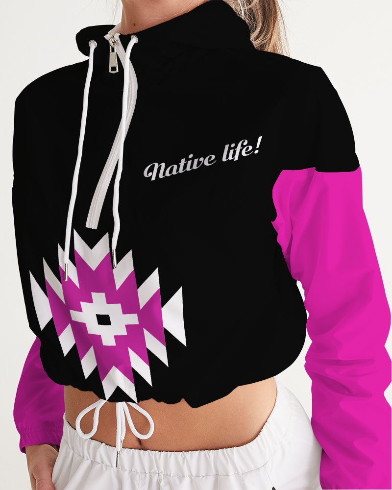 Magenta and Black Geometric Native Pattern Women's Cropped Windbreaker