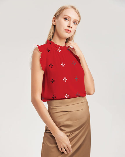 Native Stars Grayscale on Red Women's Ruffle Sleeve Top