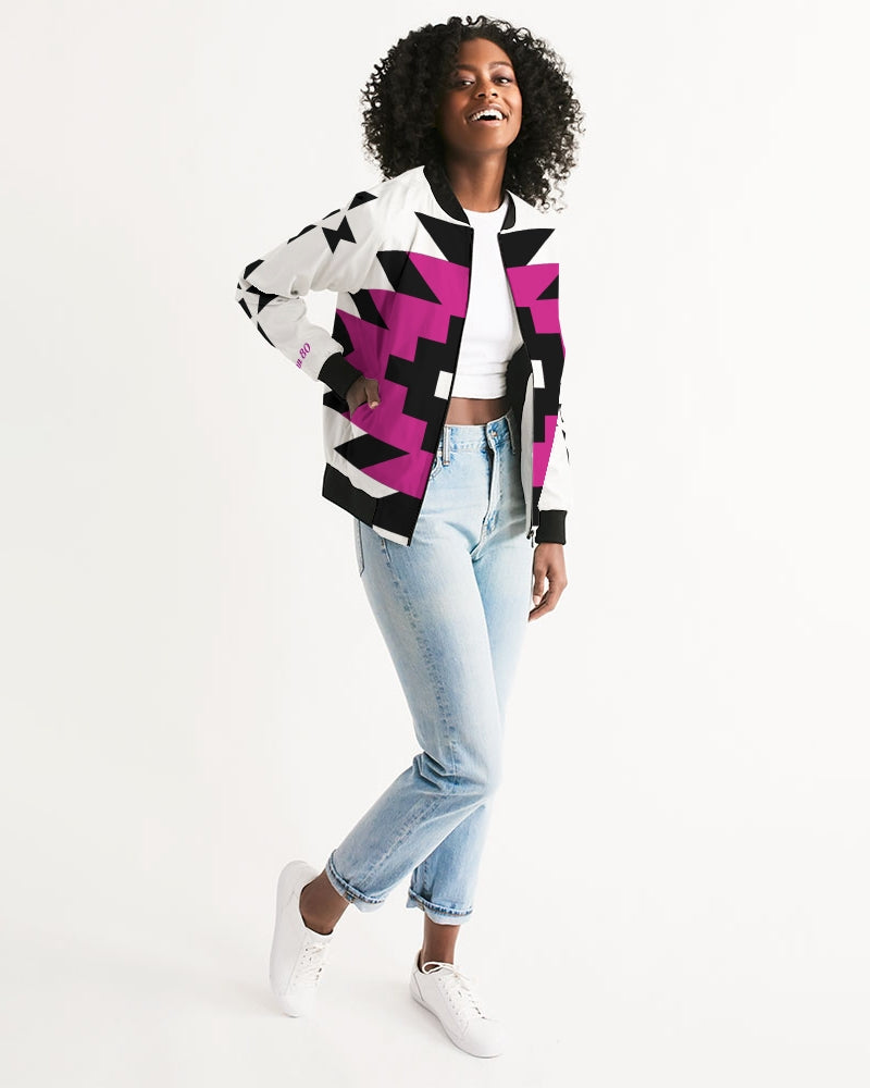 Magenta and Black Geometric Native Pattern Jacket Women's Bomber Jacket