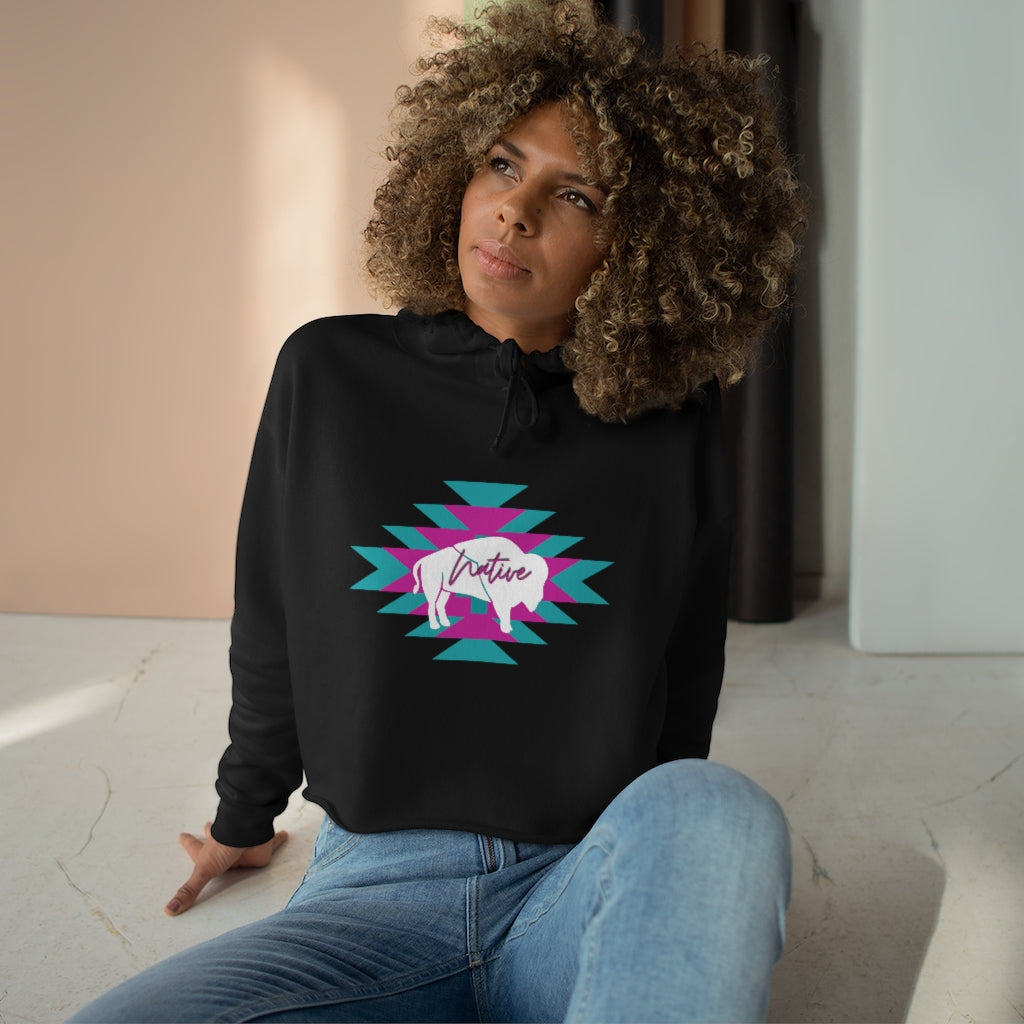 Native Bison and Pattern Crop Hoodie