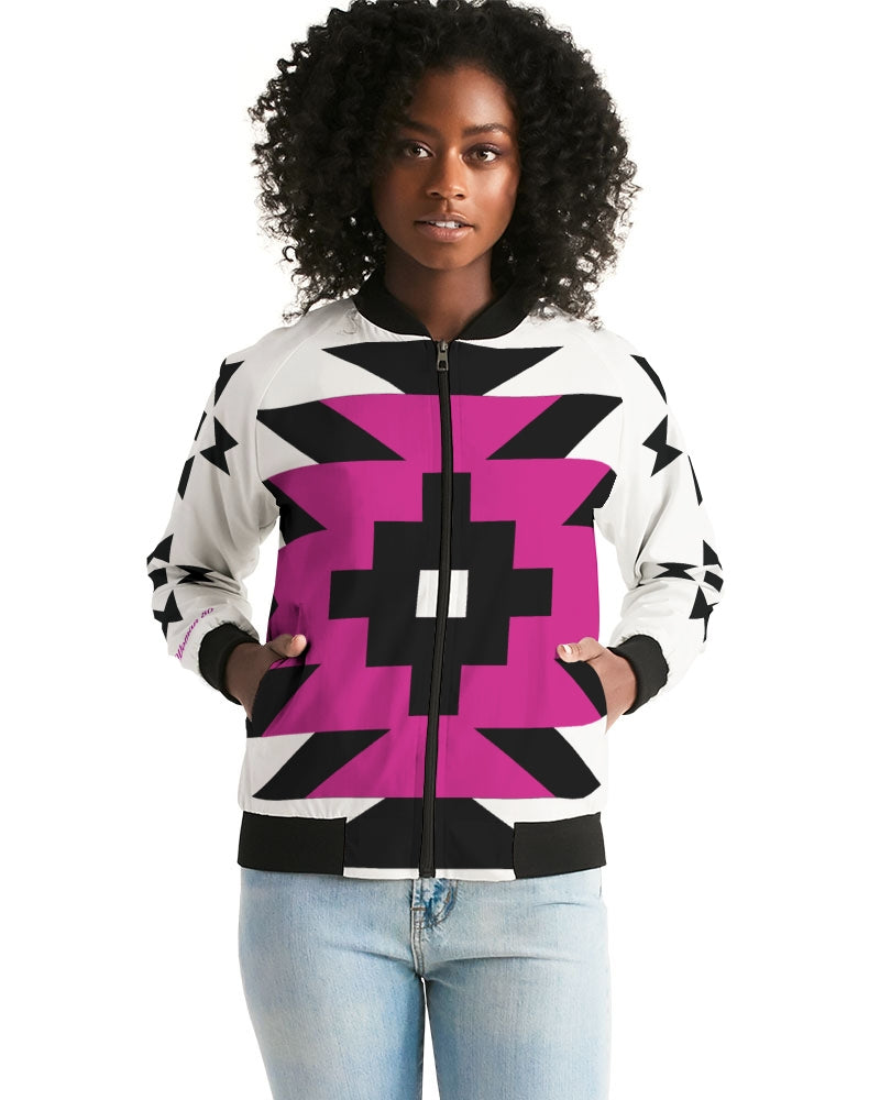Magenta and Black Geometric Native Pattern Jacket Women's Bomber Jacket