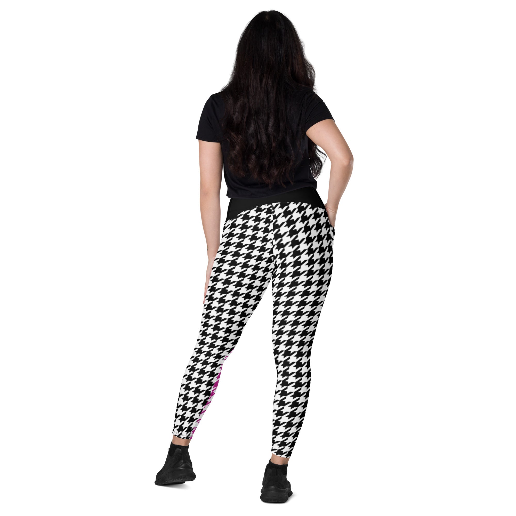 Pink and Black Houndstooth pattern Positive Vibes Crossover leggings with pockets
