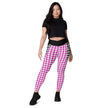 Pink and Black Houndstooth pattern Positive Vibes Crossover leggings with pockets