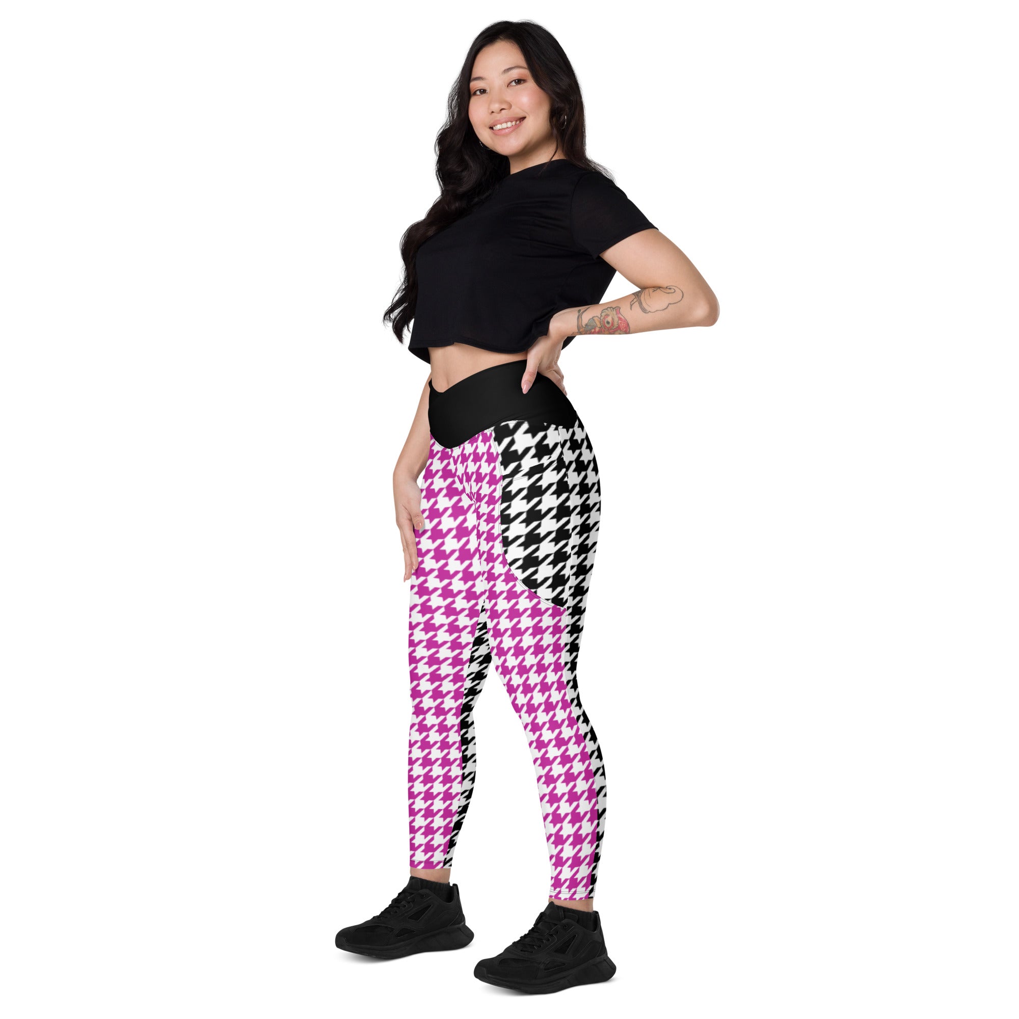 Pink and Black Houndstooth pattern Positive Vibes Crossover leggings with pockets