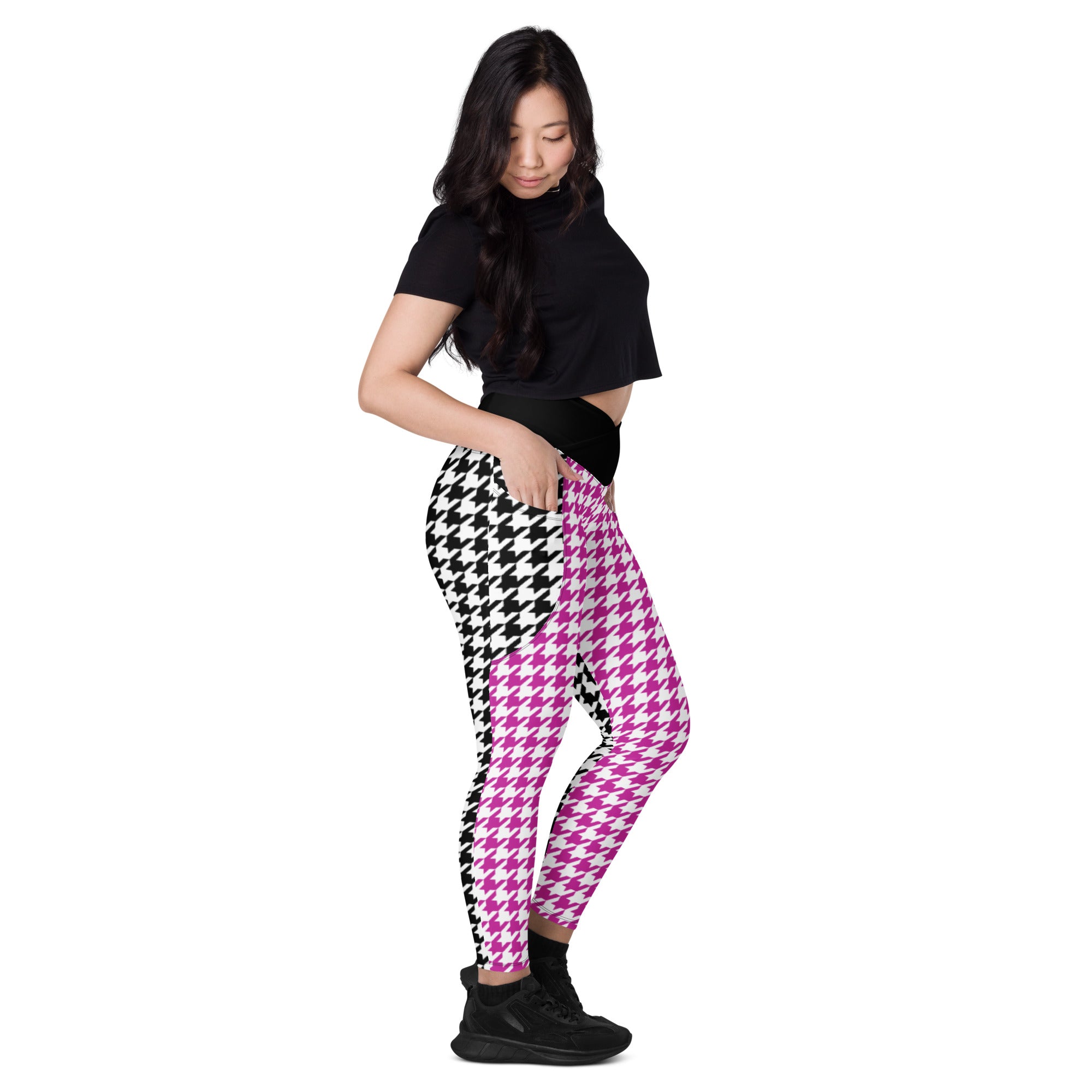 Pink and Black Houndstooth pattern Positive Vibes Crossover leggings with pockets