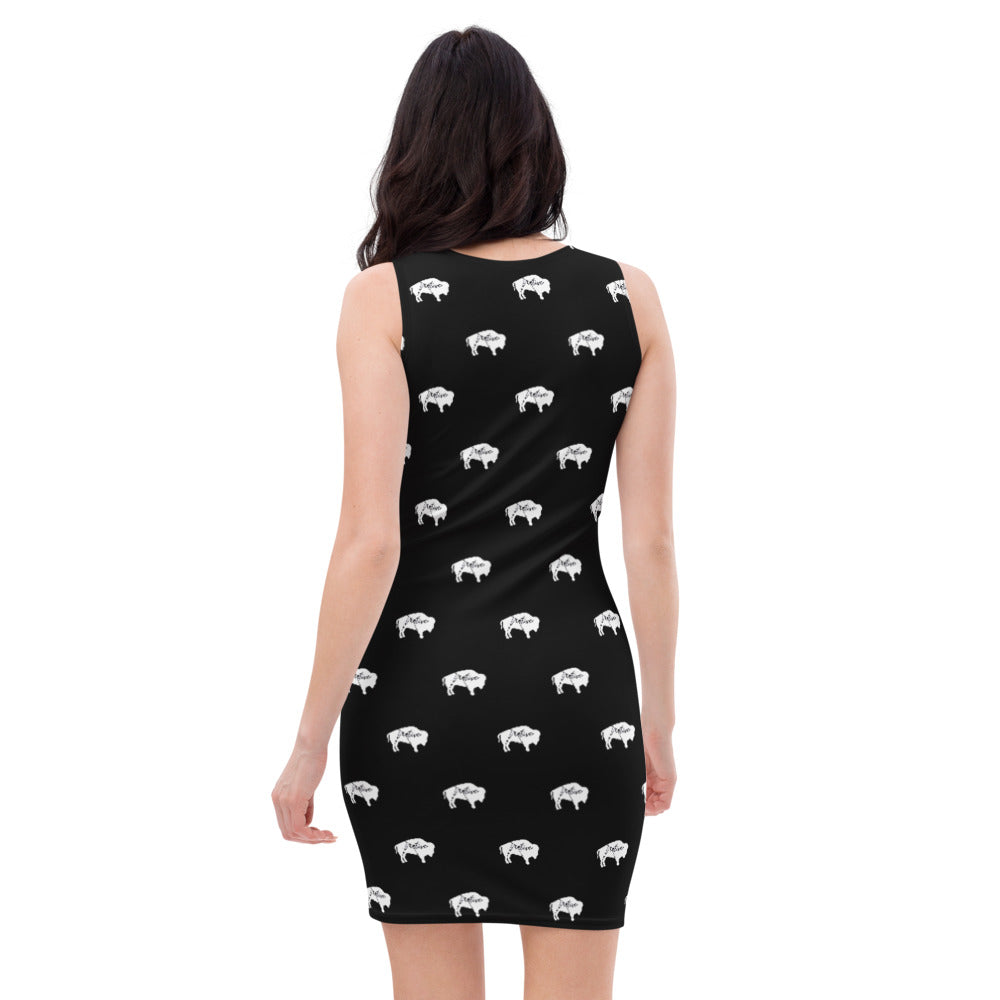 Native Bison White with Black text Black Cut & Sew Dress