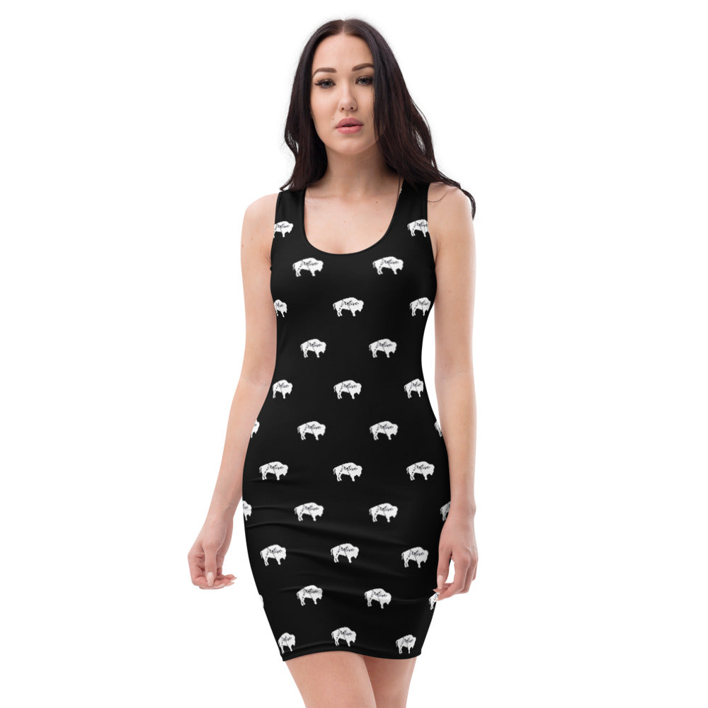 Native Bison White with Black text Black Cut & Sew Dress