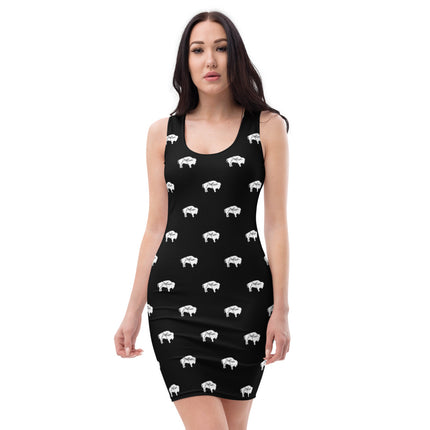 Native Bison White with Black text Black Cut & Sew Dress