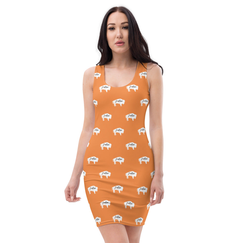 Native Bison White on Orange Cut & Sew Dress