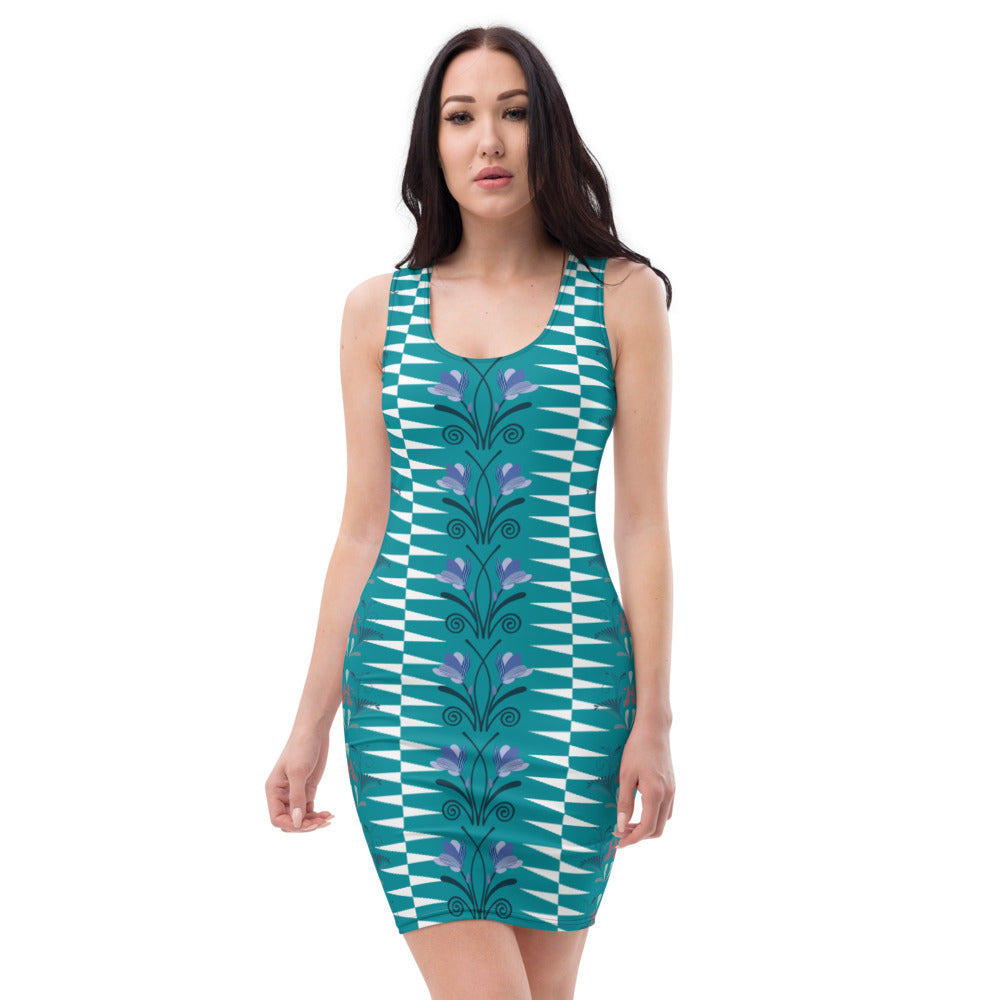 Native Geometric and Floral Eastern Blue Cut & Sew Dress