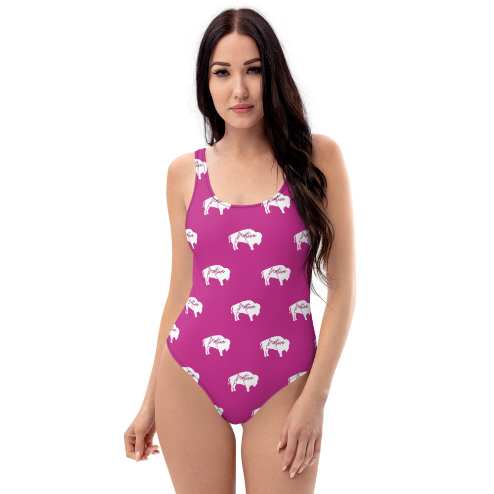 Native Bison White with Pink text One-Piece Swimsuit