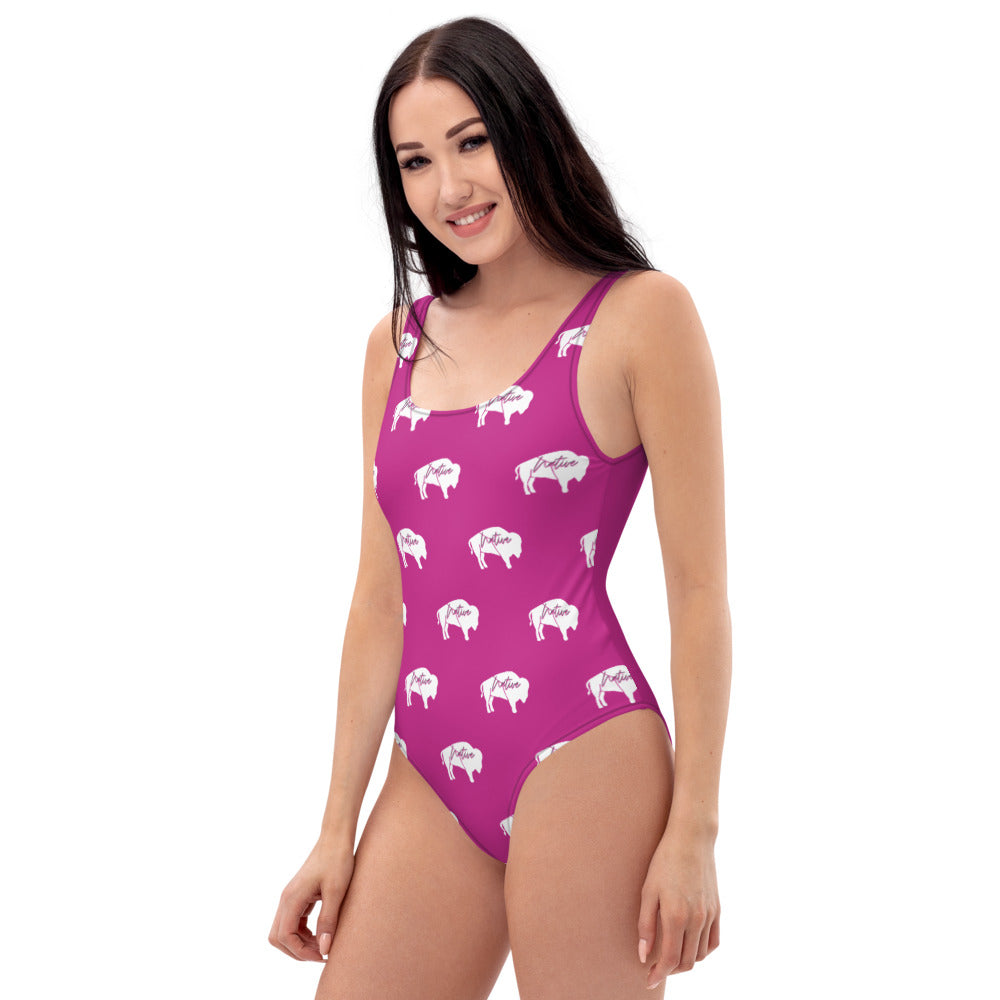 Native Bison White with Pink text One-Piece Swimsuit