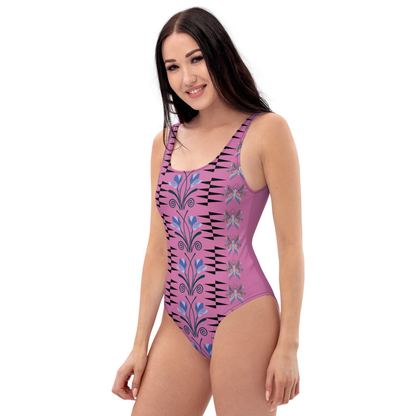 Native Geometric and Floral Pink One-Piece Swimsuit