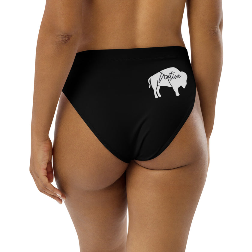 Native Bison White on Black Recycled high-waisted bikini bottom