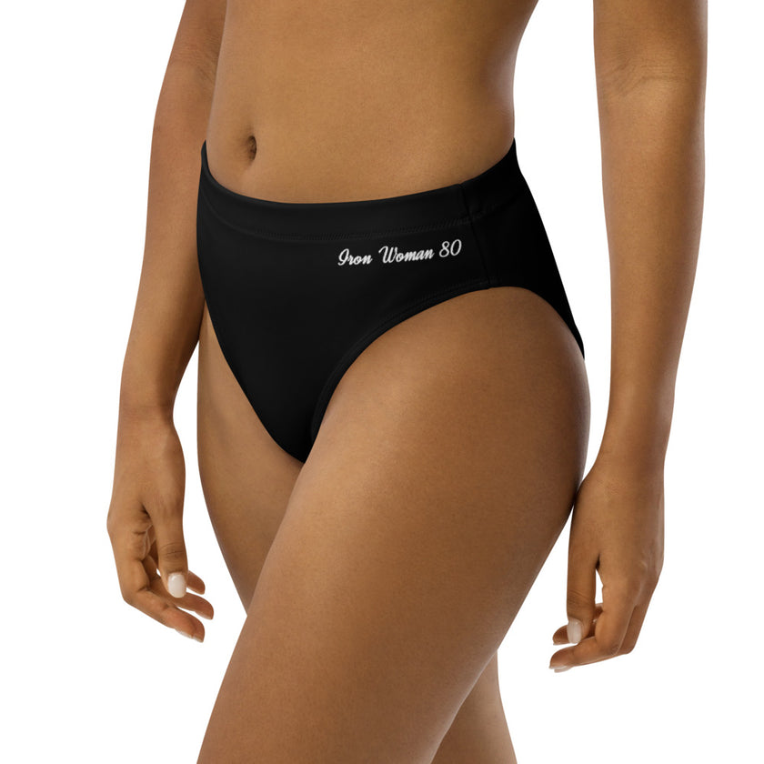 Native Bison White on Black Recycled high-waisted bikini bottom
